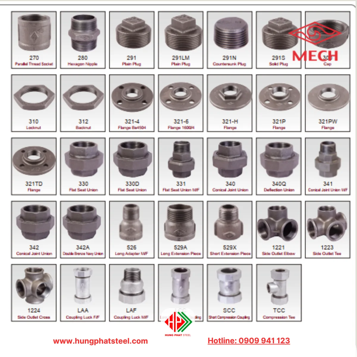 Các sản phẩm thuộc danh mục phụ kiện ren mạ kẽm của MECH