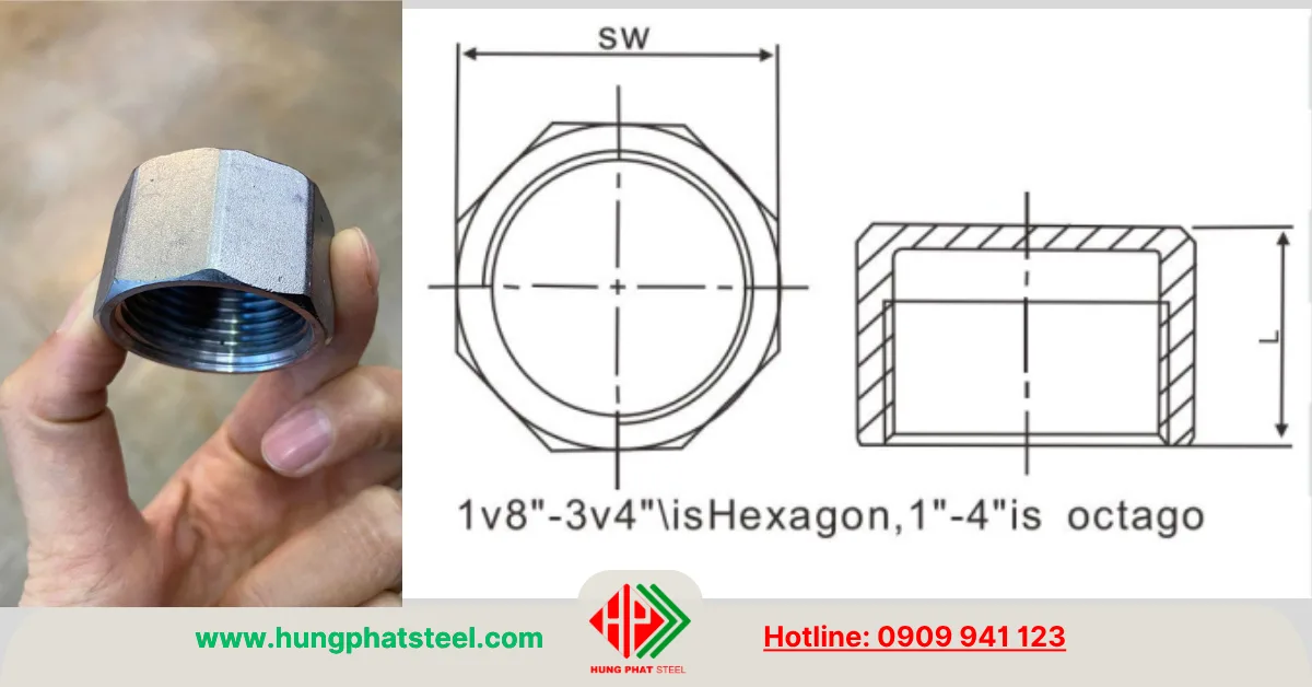 Quy cách nắp bịt ren inox dạng lục giác (hexagon)