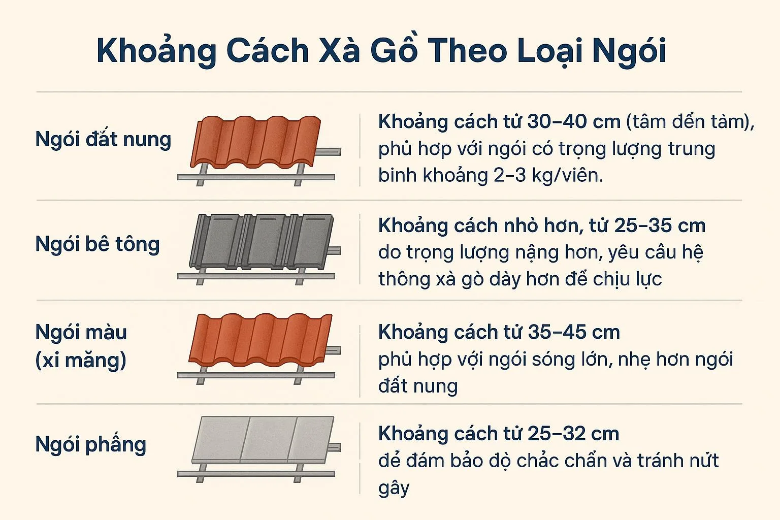 khoảng cách xà gồ theo loại ngói