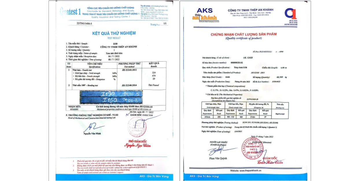 Các tiêu chuẩn và chứng nhận của thép i150 An Khánh
