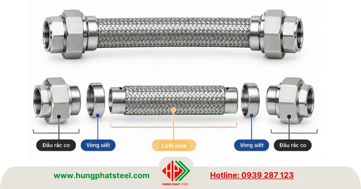 Cấu tạo cơ bản của khớp nối mềm inox đầu rắc co