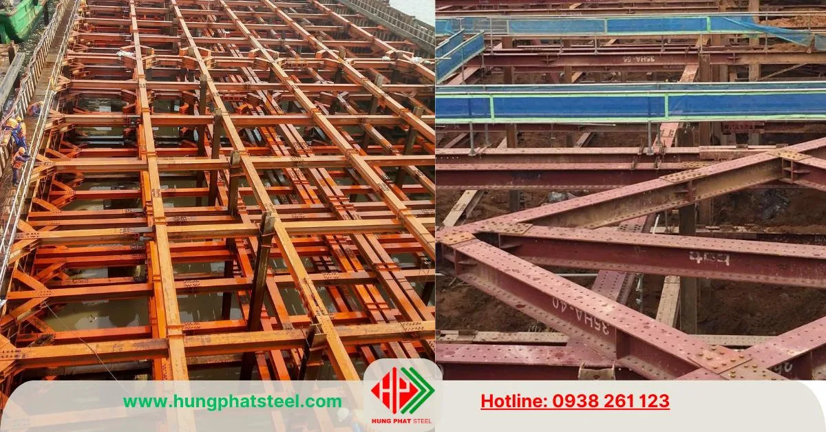 Cột chống tạm dùng H-Beam H400 làm Kingpost trong Hệ Shoring