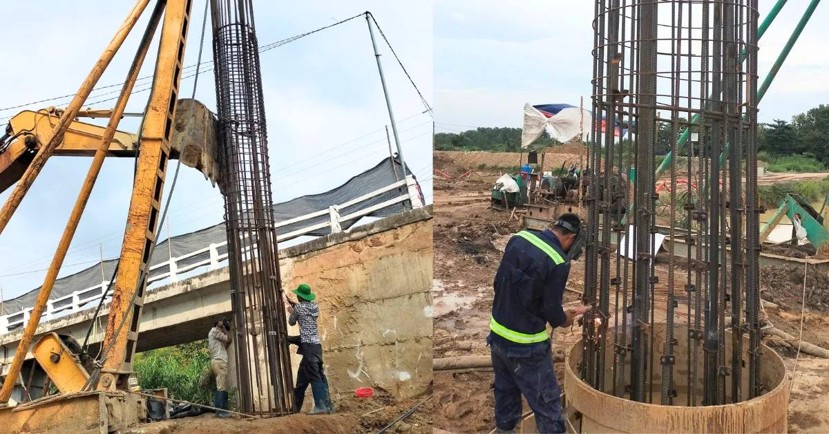 Hạ lồng thép vào hố khoan