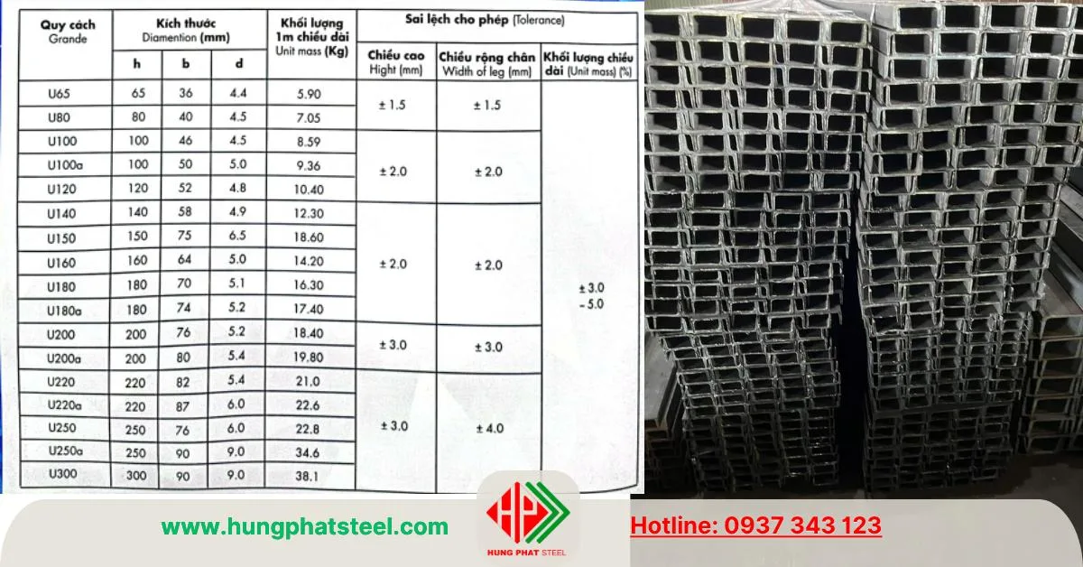 Bảng quy cách và dung sai thép U An Khánh