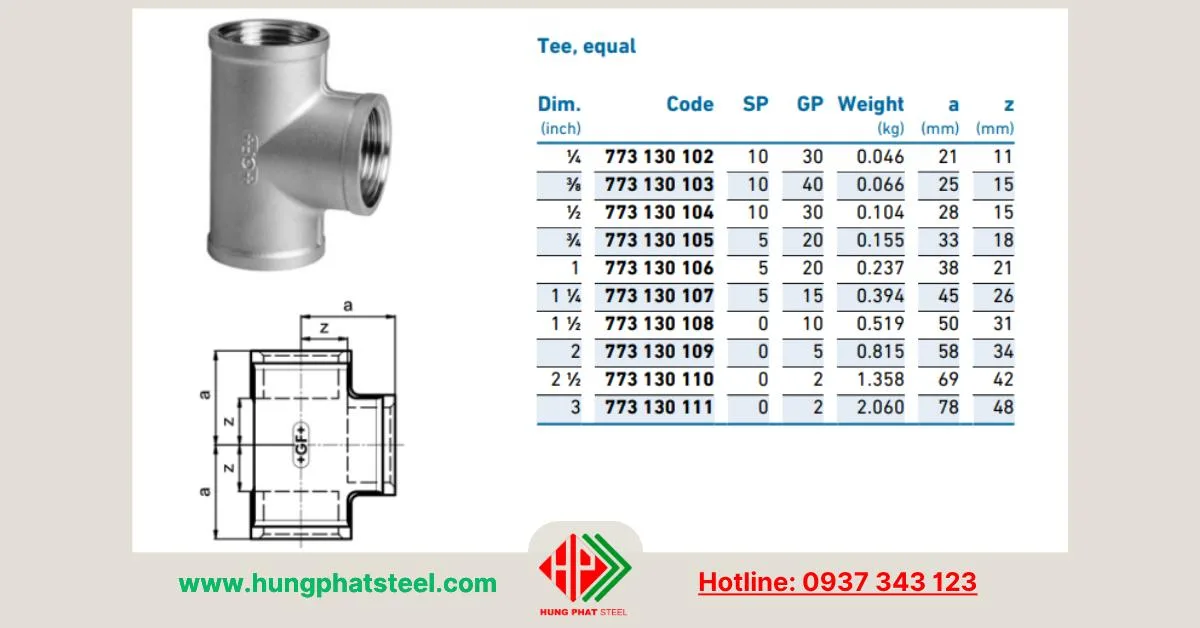 Bảng tra quy cách tê ren inox (tê đều)