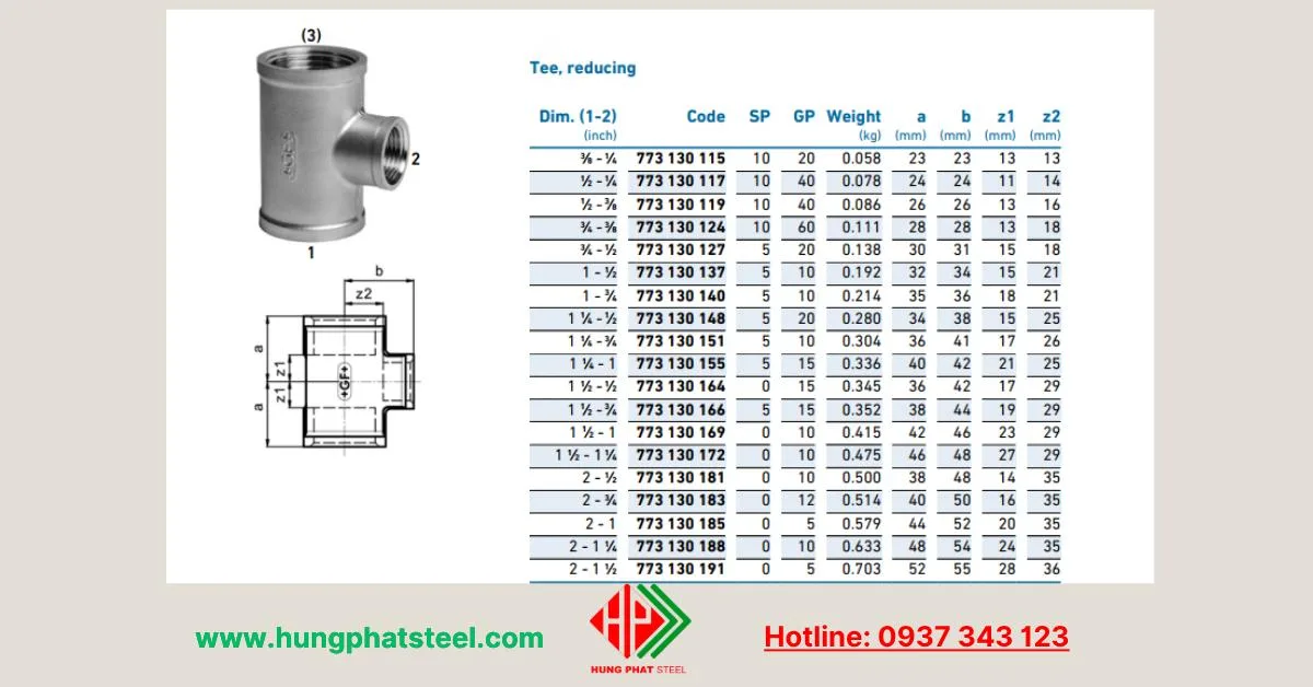 Bảng tra quy cách tê ren inox (tê giảm)