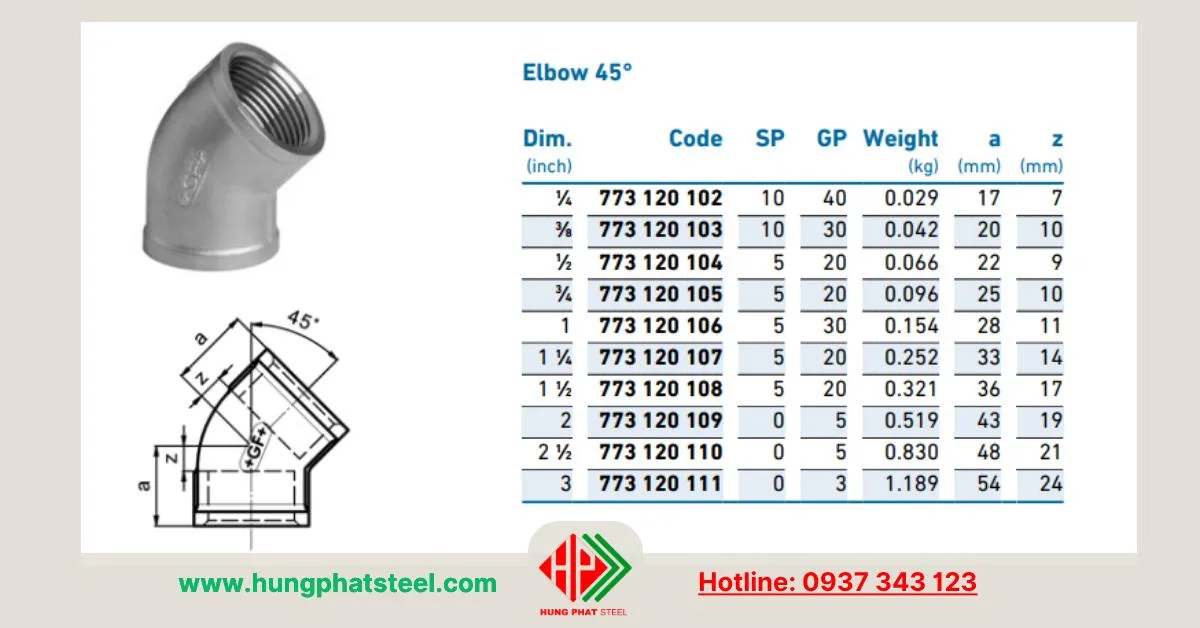 Quy cách co lơi 45 độ