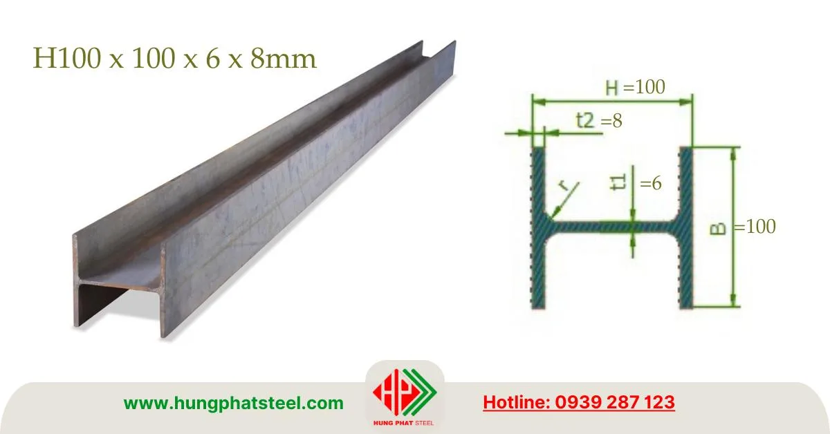 ản vẽ mặt cắt thép hình H100 x 100 x 6 x 8mm