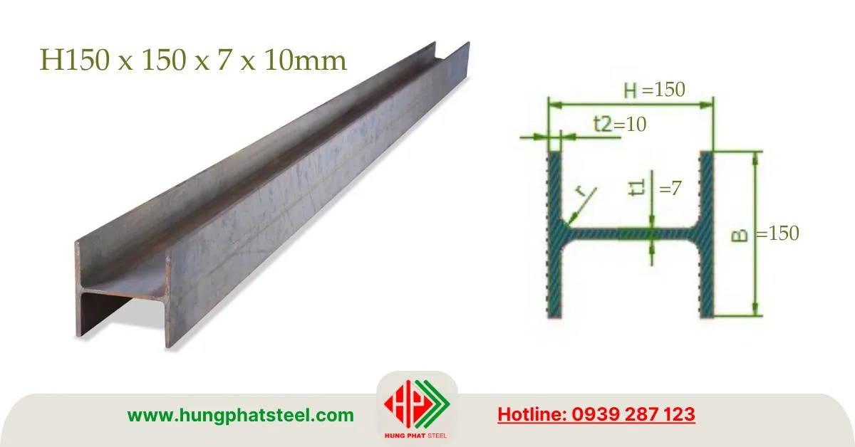 Bản vẽ mặt cắt thép hình H150 x 150 x 7 x 10mm