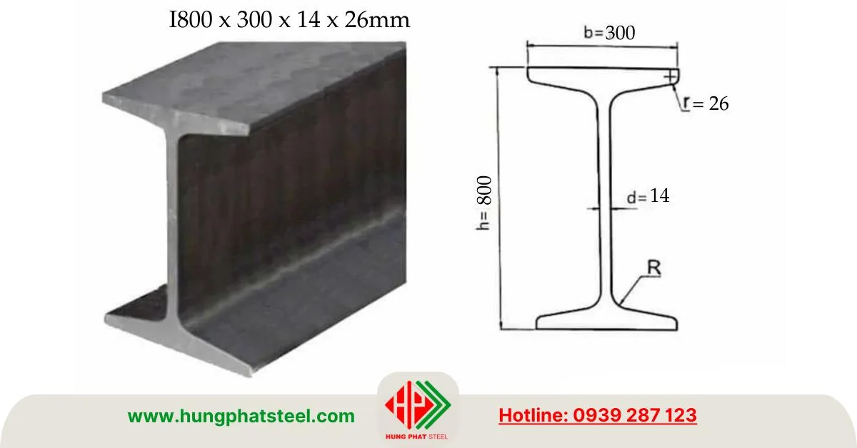 Bản vẽ mặt cắt thép hình I800 x 300 x 14 x 26mm