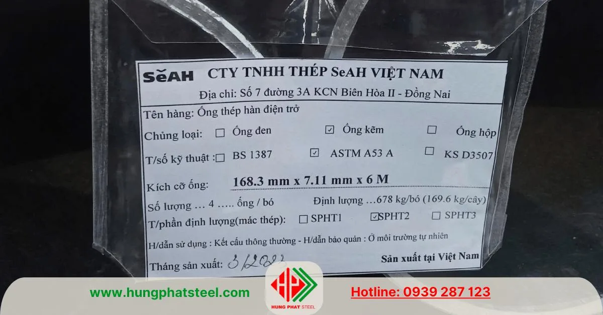 Tem nhãn của ống thép thương hiệu SeAH Vina