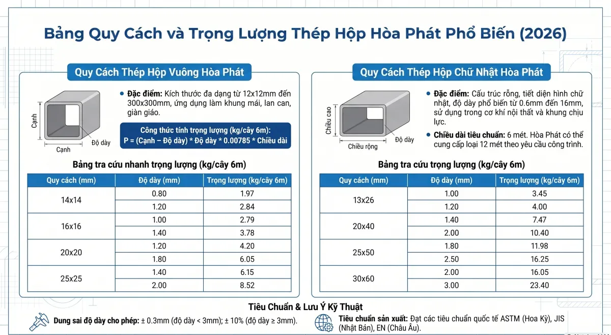 Bảng minh họa các kích thước và độ dày phổ biến của thép hộp Hòa Phát.