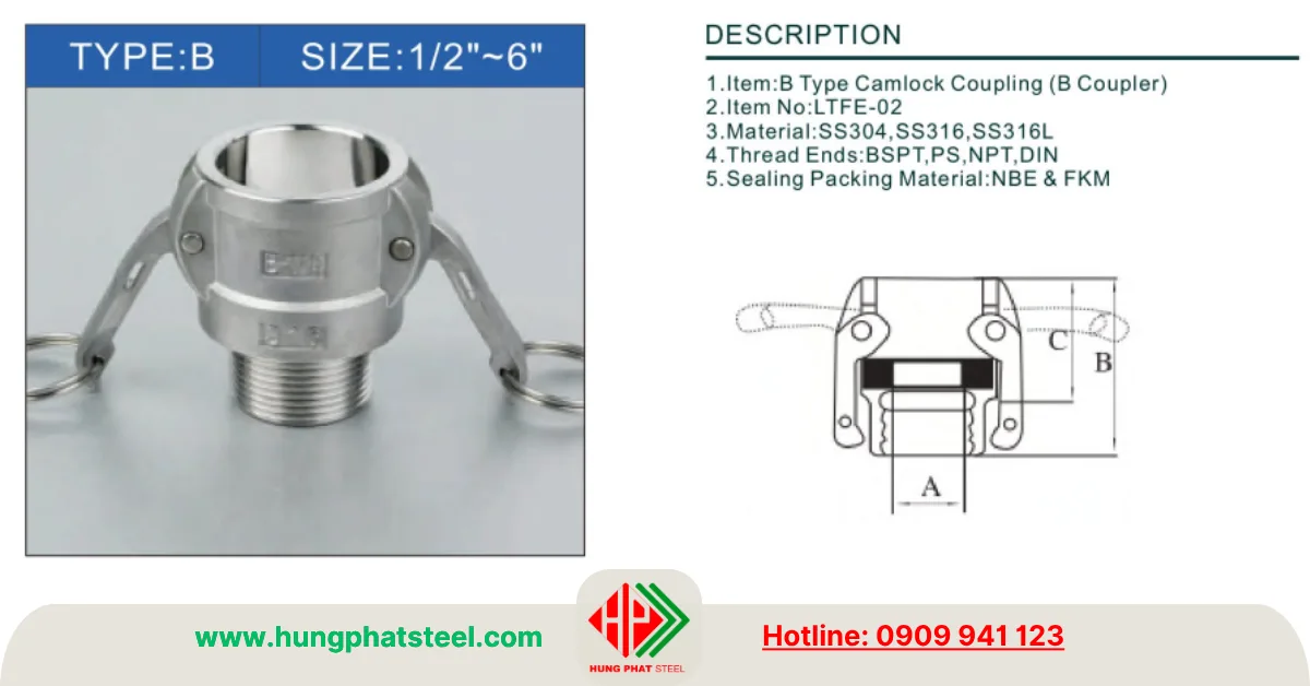 Khớp nối nhanh INOX loại B (Camlock Type B)