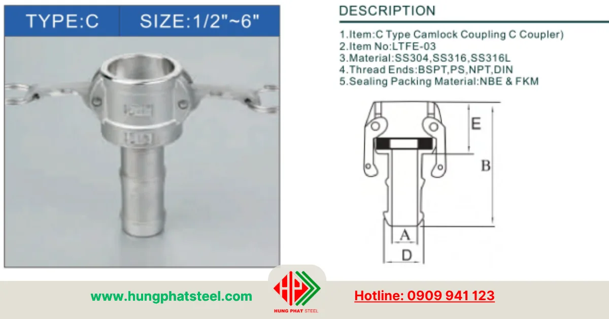 Khớp nối nhanh inox loại C (Camlock Type C)