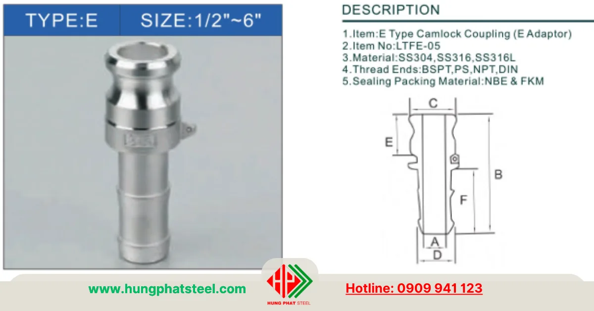 Khớp nối nhanh inox loại E (Camlock Type E)