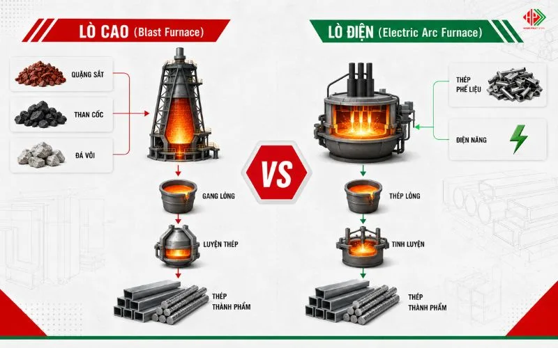 Phân biệt trực quan 2 công nghệ luyện thép