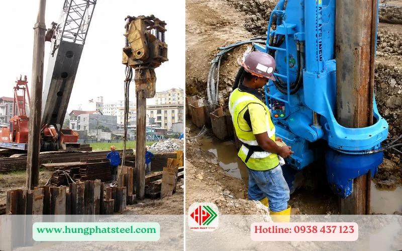 Công nhân vận hành máy ép cừ Larsen ghép khóa liên kết các cây cừ tại công trình