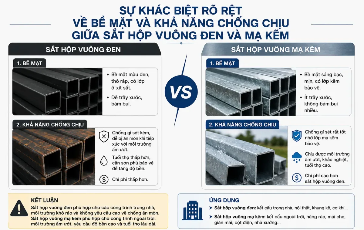 Sự khác biệt rõ rệt về bề mặt và khả năng chống chịu giữa sắt hộp vuông đen và mạ kẽm.