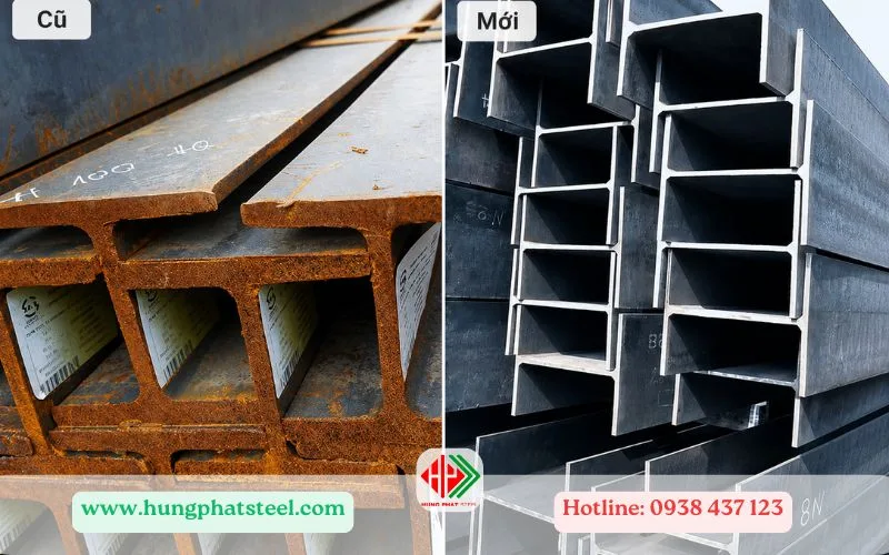 So sánh bề mặt sắt chữ H cũ và thép hình H mới đặt cạnh nhau tại kho