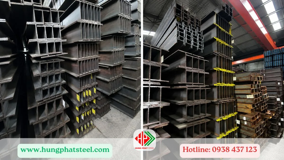 Sắt chữ H cũ đã qua sử dụng xếp tại kho, có dấu vết gỉ sét và vết hàn
