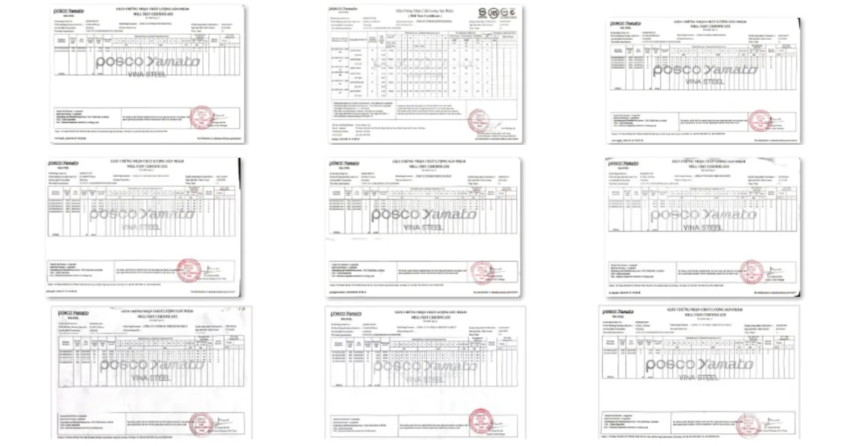 Mẫu chứng chỉ thép Posco Yamato Vina