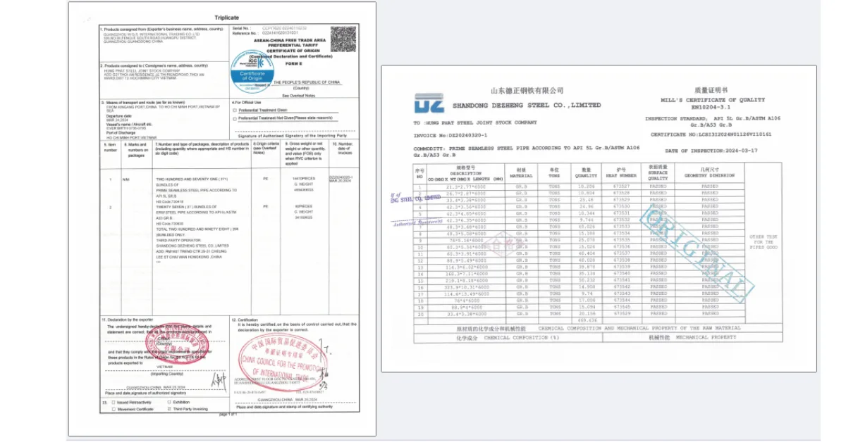 Mẫu chứng chỉ thép ống nhập khẩu