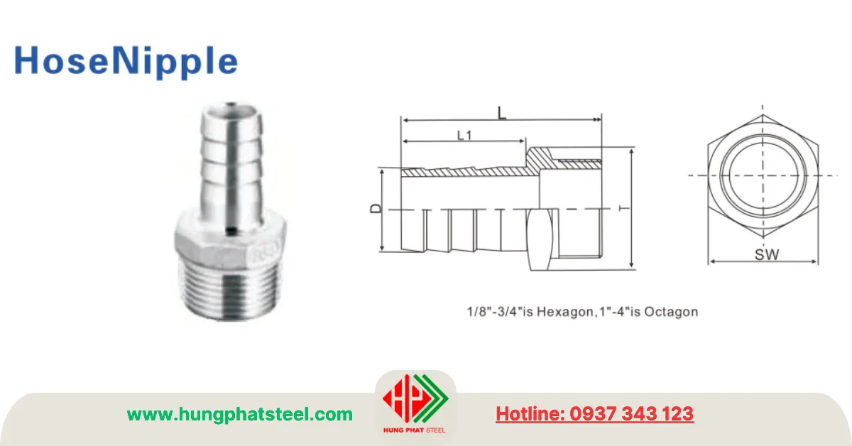 Nối ren đuôi chuột inox 304 loại có đai lục giác (Hose Nipple)