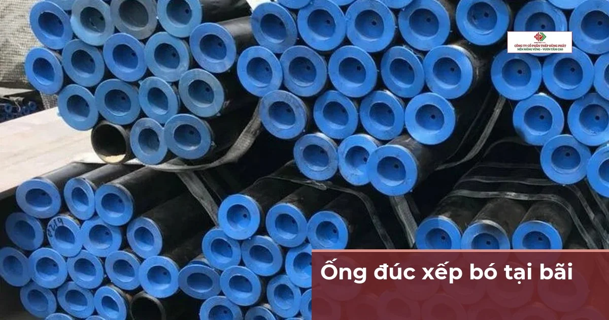 Bó ống thép đúc xếp chồng ngoài bãi, đầu ống đậy nắp nhựa xanh