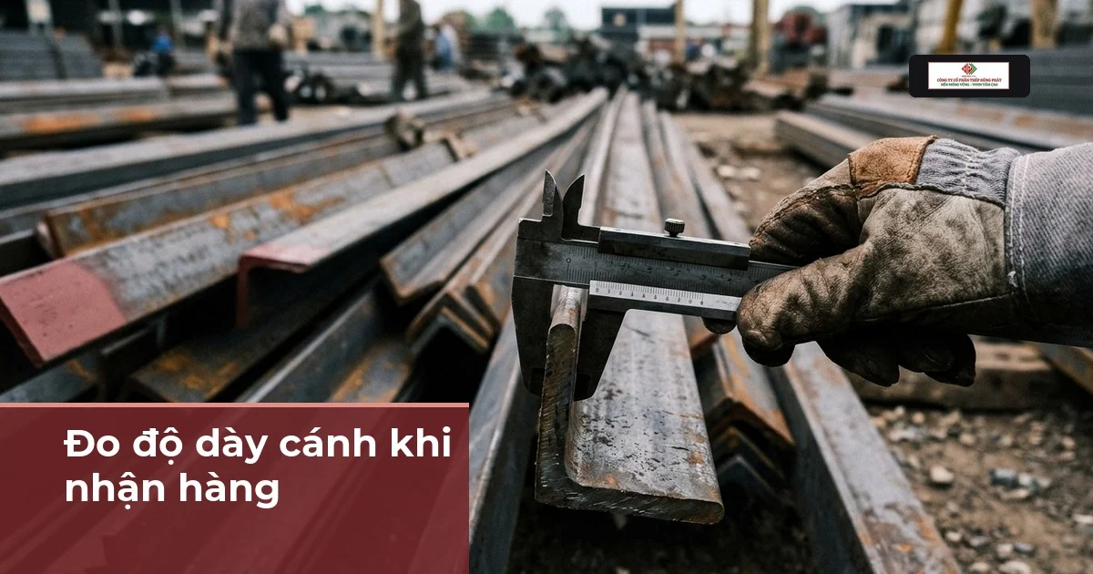 Cảnh minh hoạ tay đeo găng dùng thước kẹp đo độ dày cánh thép góc nằm trong bó ngoài bãi