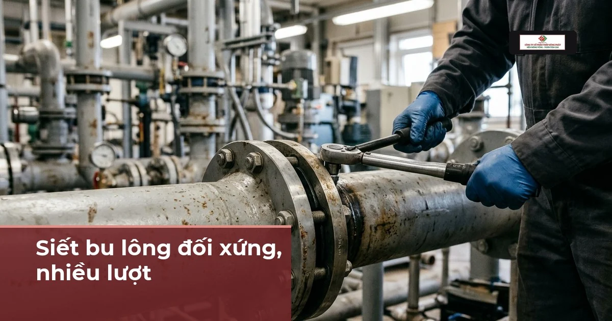Ảnh minh hoạ thợ đeo găng xanh dùng cờ lê lực siết bu lông mối nối mặt bích trên đường ống trong phòng máy