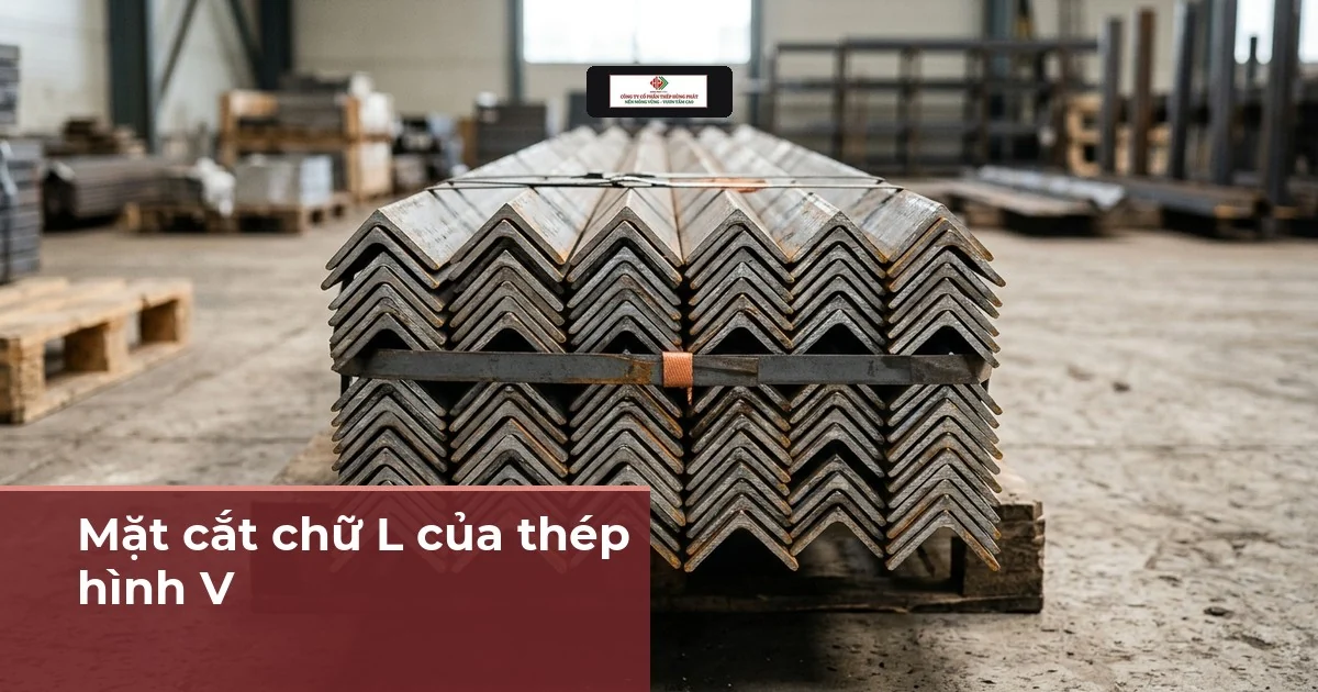 Đầu mút bó thép góc đều xếp trên pallet, ảnh minh hoạ mặt cắt chữ L của thép hình V