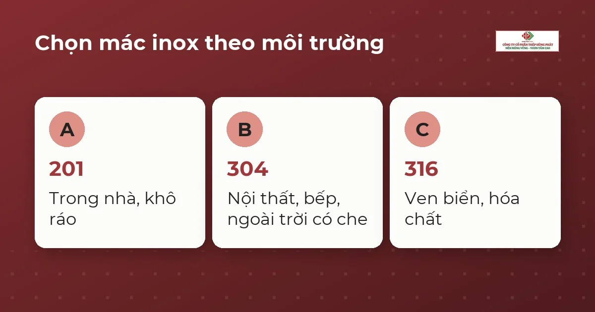 Ba thẻ chọn mác inox theo môi trường: 201 trong nhà khô ráo, 304 nội thất và bếp, 316 ven biển và hóa chất
