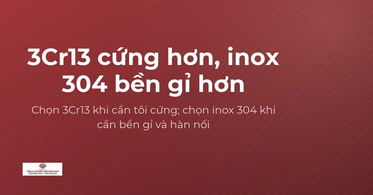 Thẻ đồ hoạ so sánh thép 3Cr13 cứng hơn với inox 304 bền gỉ hơn