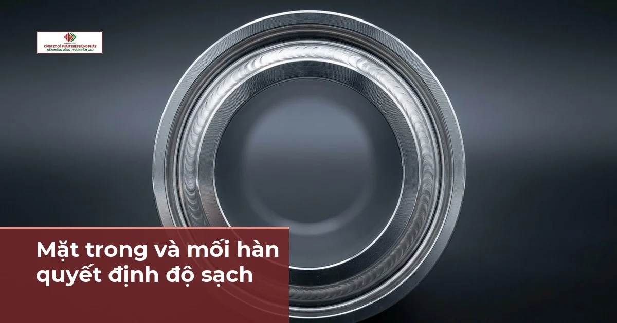 Ảnh minh hoạ AI đầu ống inox vi sinh đánh bóng với đường hàn orbital và khớp clamp