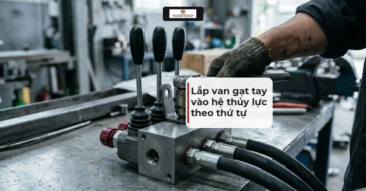 Ảnh minh hoạ thợ siết bu lông cụm van gạt tay ba tay gạt trên bệ máy trong xưởng cơ khí