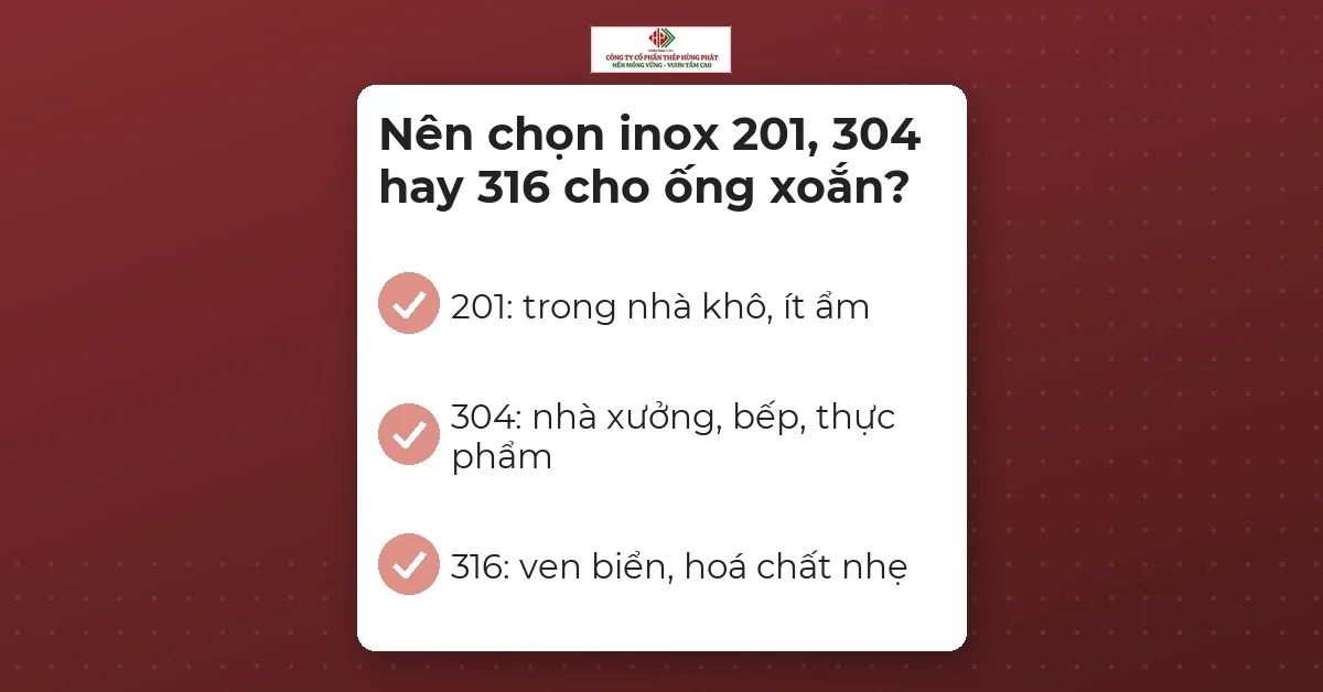 Thẻ tóm tắt môi trường dùng của ba mác inox 201, 304 và 316 cho ống xoắn