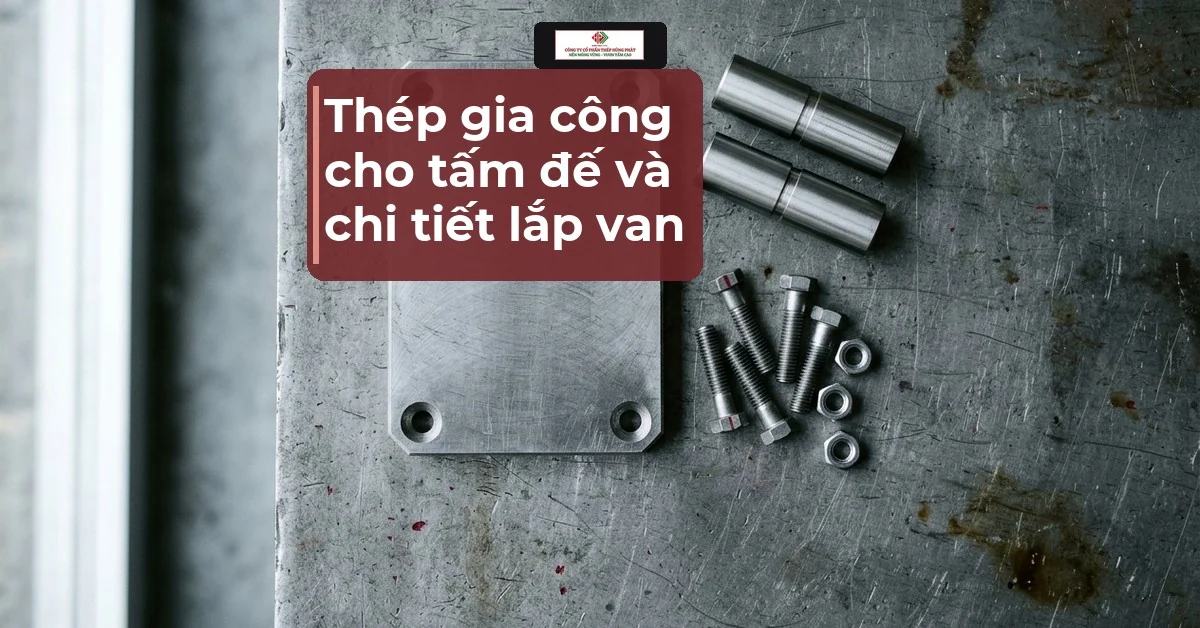 Ảnh minh hoạ tấm đế thép, trục tròn và bu lông gia công đặt trên bàn xưởng nhìn từ trên xuống