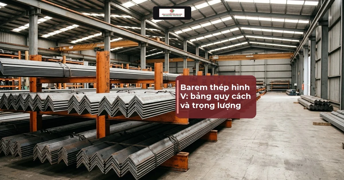 Kho thép với các bó thép góc đều xếp trên giá, ảnh minh hoạ cho bài barem thép hình V