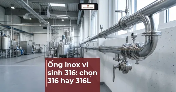 Ảnh minh hoạ AI tuyến ống inox vi sinh có khớp clamp chạy dọc tường trong nhà máy thực phẩm sạch