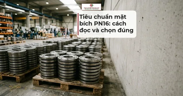 Minh hoạ kho hàng với các chồng mặt bích thép xếp trên pallet cạnh bức tường bê tông, kèm tiêu đề tiêu chuẩn mặt bích PN16