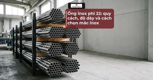 Bó ống inox tròn xếp trên giá trong nhà kho, minh hoạ cho bài ống inox phi 22