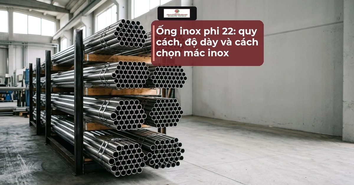 Bó ống inox tròn xếp trên giá trong nhà kho, minh hoạ cho bài ống inox phi 22