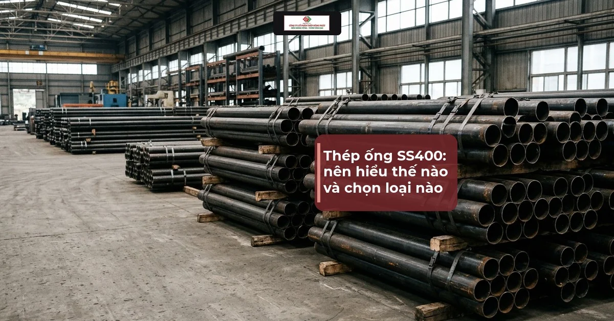 Bó ống thép đen xếp trên thanh kê gỗ trong nhà kho công nghiệp, cảnh minh hoạ cho thép ống SS400